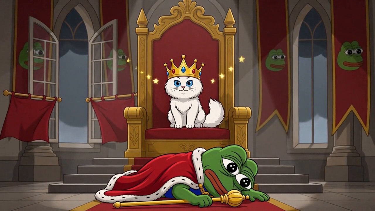 The lightning kitten wearing a crown on the throne while Pepe lies defeated on the steps